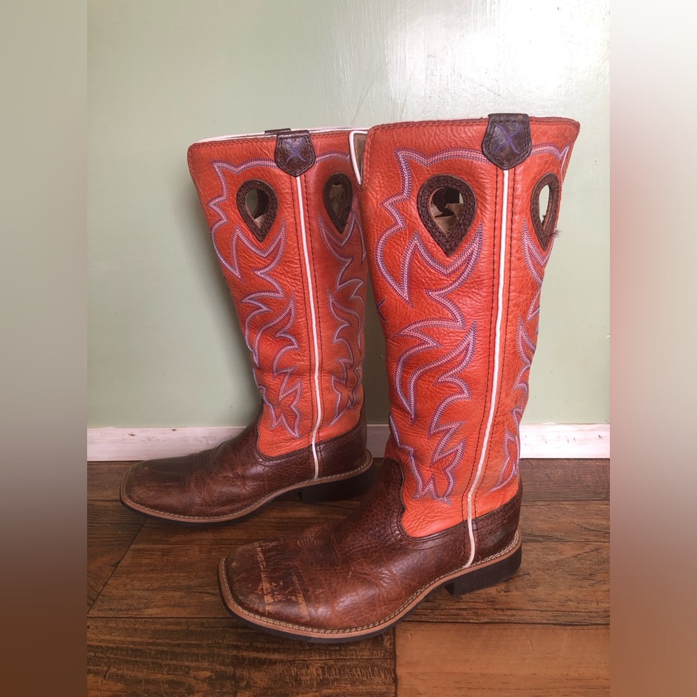 Twisted X Leather Brown/Orange Tall Leather Sq Toe Boots YBK0003 Boys 1.5 M